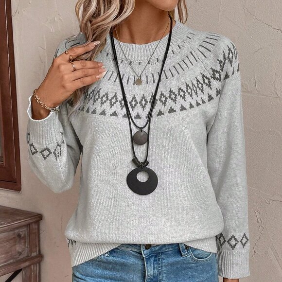 Grey Casual Women's Crew Neck Geometric Print Long Sleeve Sweater - Picture 5 of 6